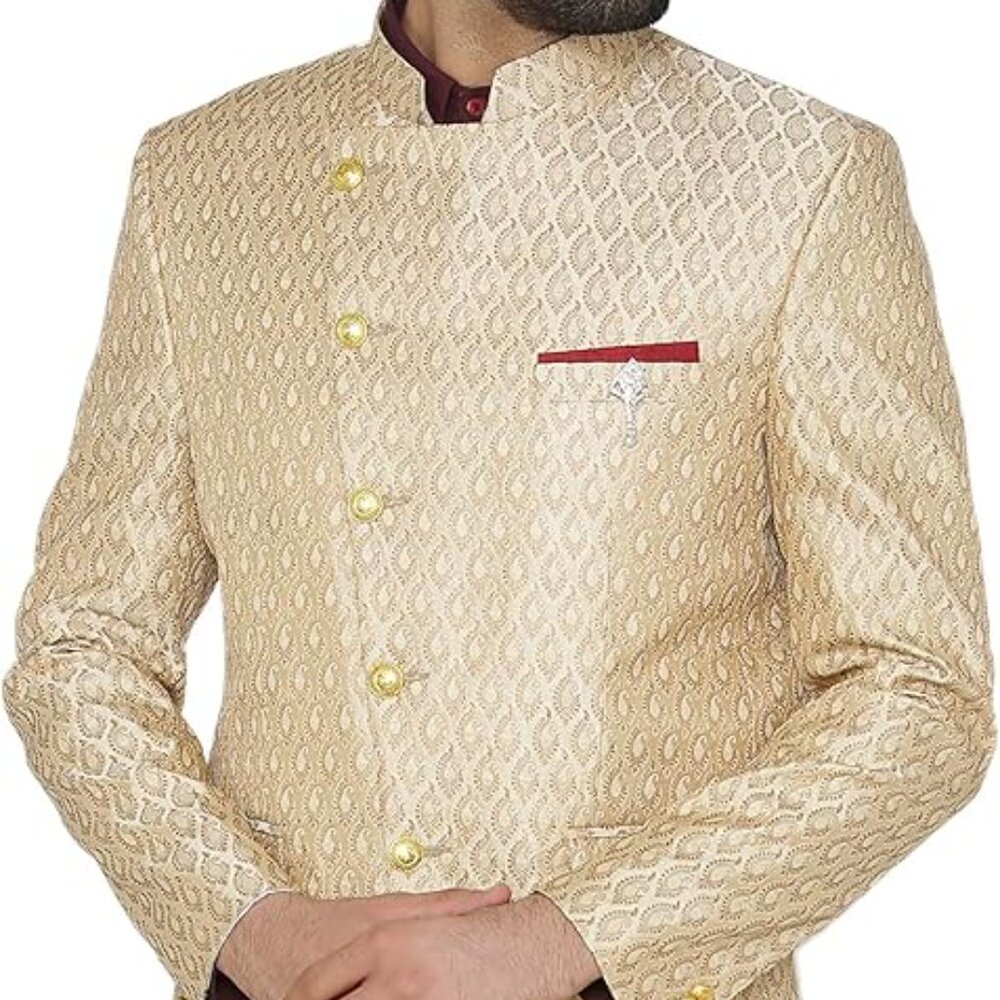 WINTAGE Men's Banarsi Rayon Cotton Festive Indian Jodhpuri Grandad Blazer beige